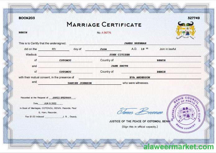 Benin marriage certificate Word and PDF template